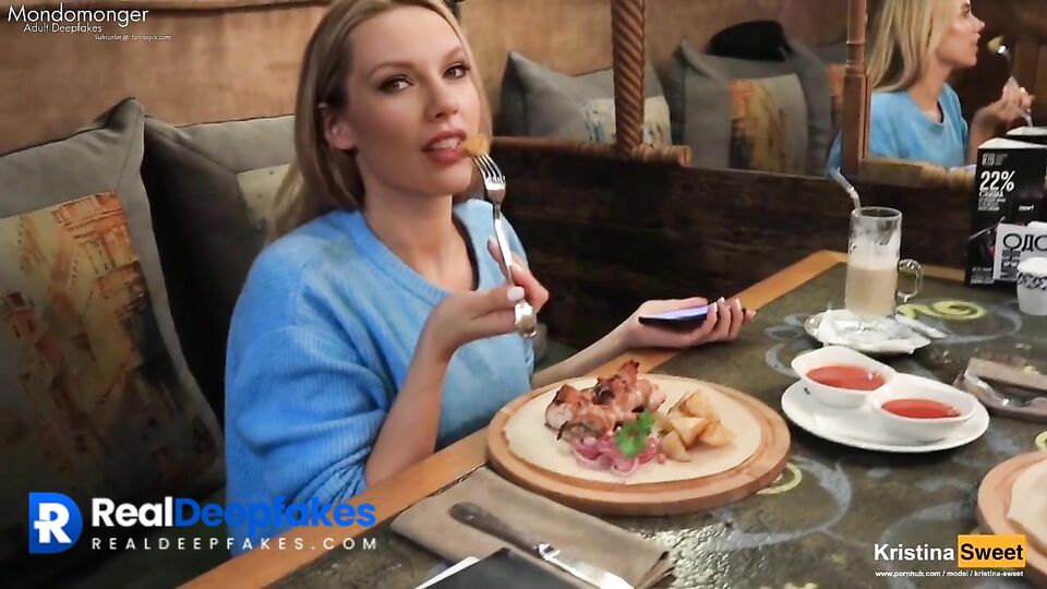 Blowjob under the table (in restaurant). Taylor Swift deepfake porn